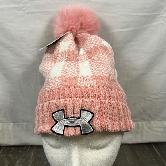 Under Armour Accessories - Under Armour Pink White Plaid Chenille Knit Beanie Faux Fur Pom Fleece Lined NEW